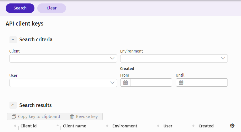 API Keys view in Procountor